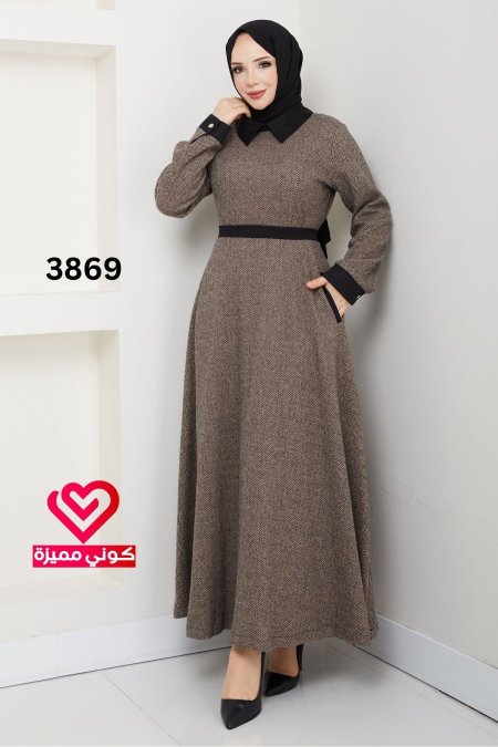 فستان خريفي شتوي 3869 بيج